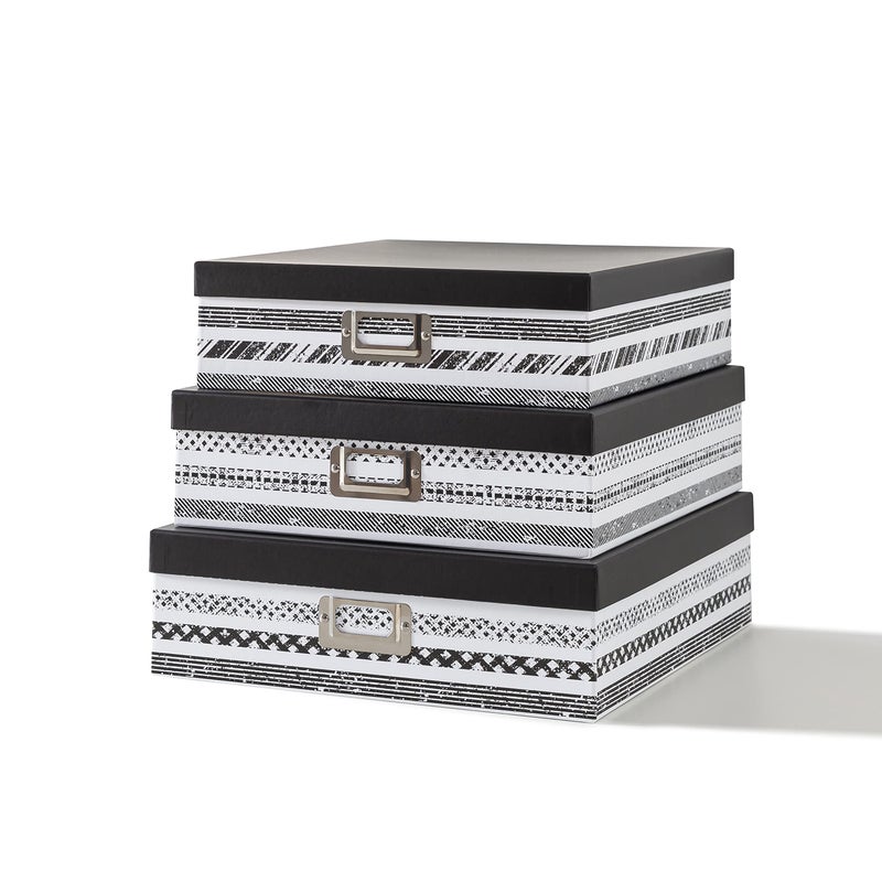 SLPR Nesting Decorative Storage Boxes With Lids for Home Decor - Set of 3: Black and White Photo Storage, Cardboard Document Boxes for Scrapbook, Keepsake, Memories - Image 1